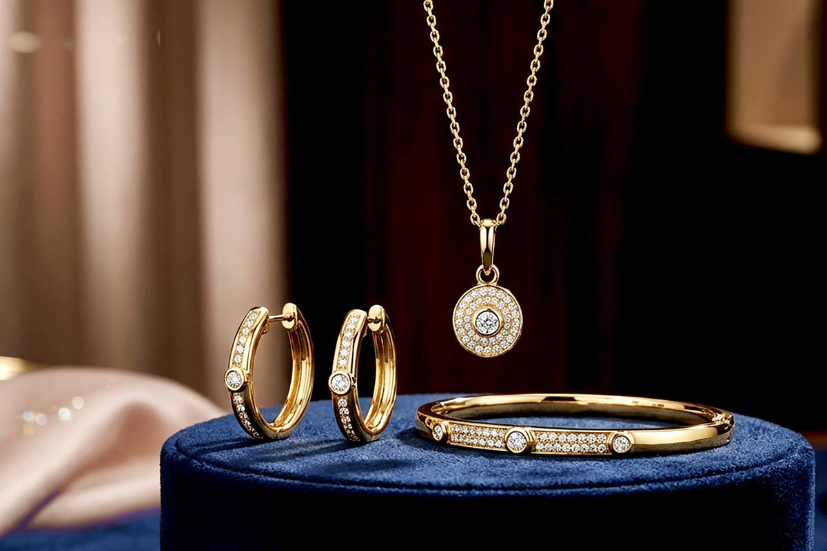Luxury yellow gold and diamond jewelry collection featuring a pendant, bracelet, and earrings displayed on a dark blue velvet stand in an upscale jewelry boutique setting.