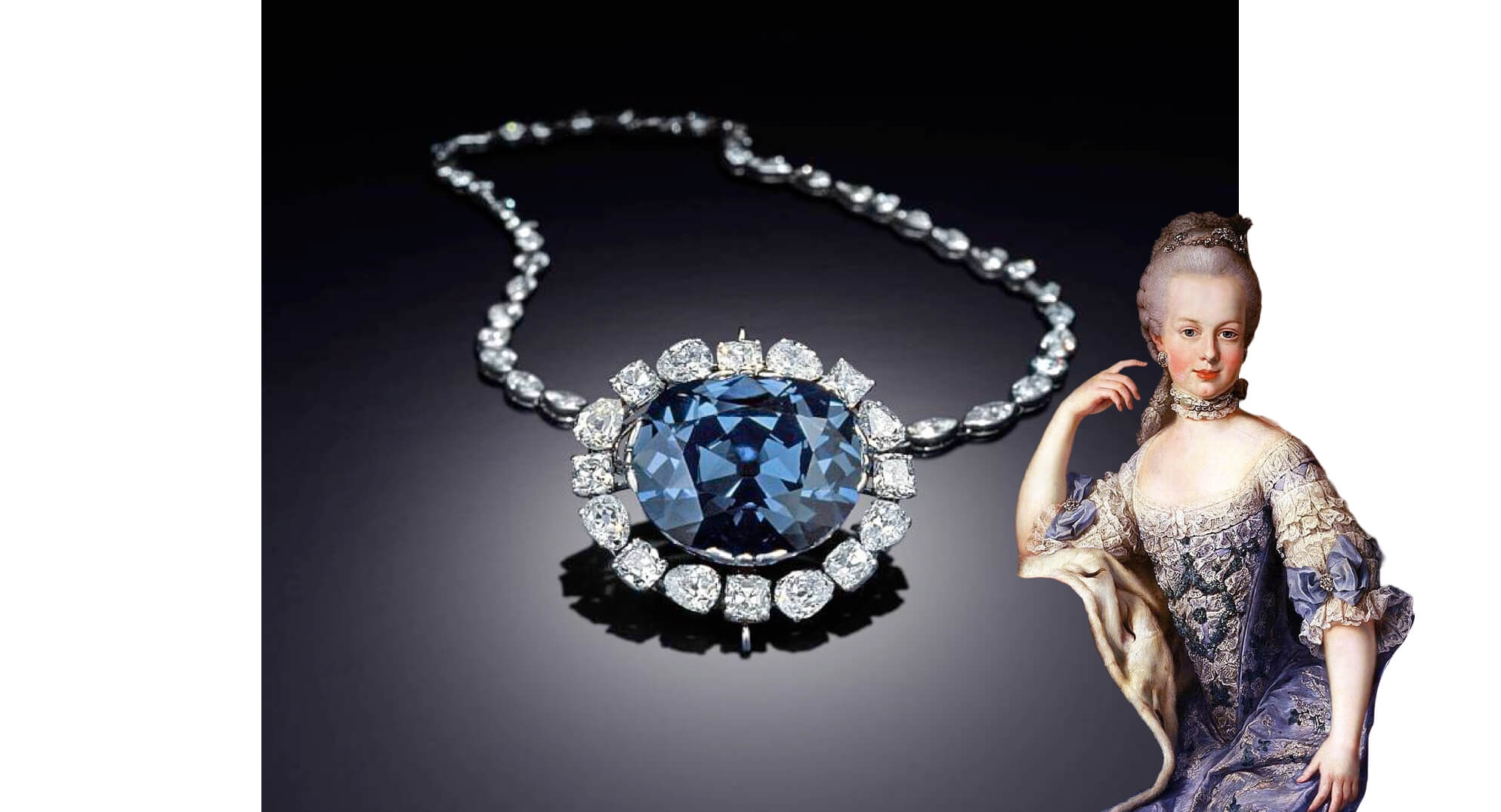 Historically inspired blue diamond jewelry and couture styling examine gemstone symbolism, refined composition, and enduring fascination with rare adornment.