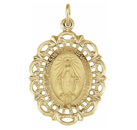 14K Gold Oval Filigree Miraculous Medal