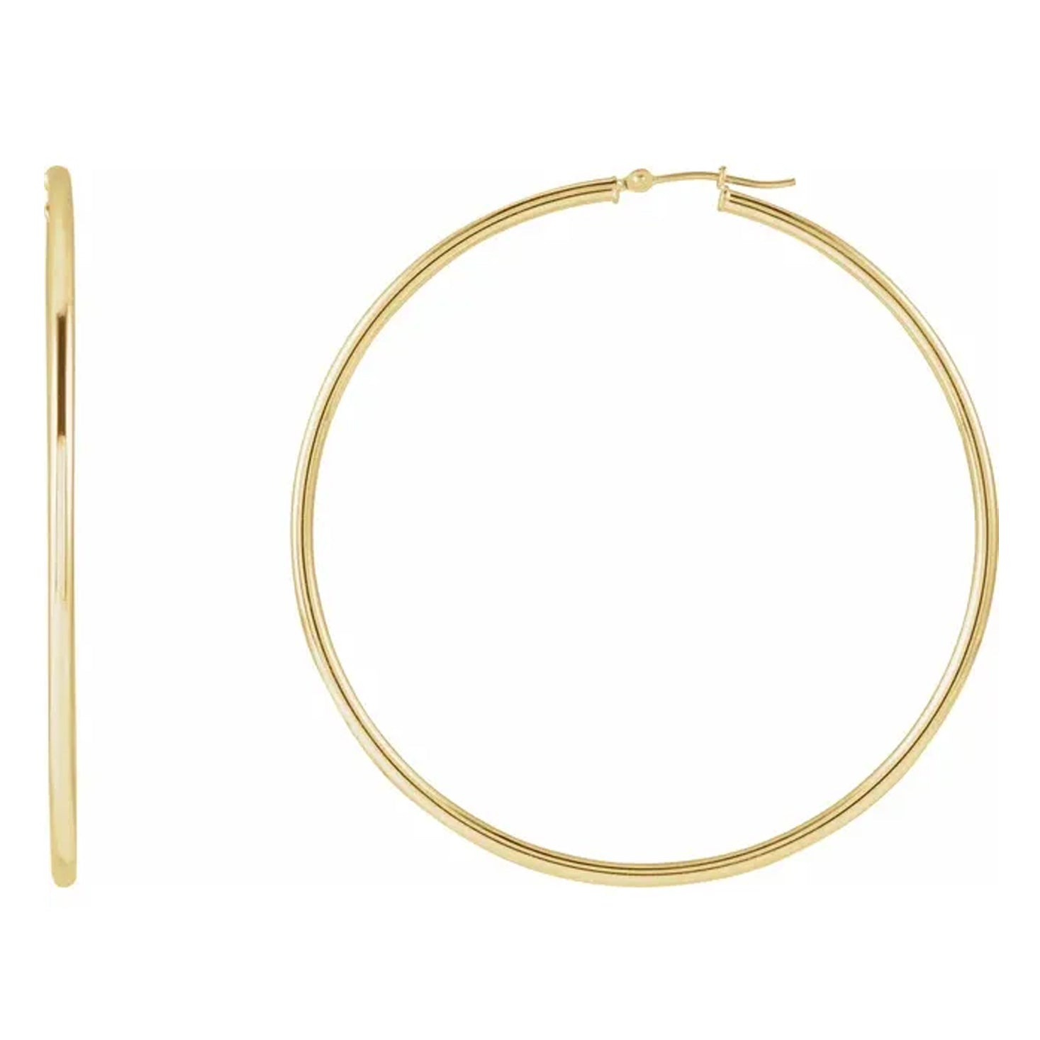 14K Yellow Gold Round Tube 60 mm Hoop Earrings